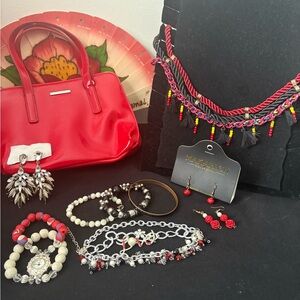 Vibrant Red Handbag and Jewelry Set